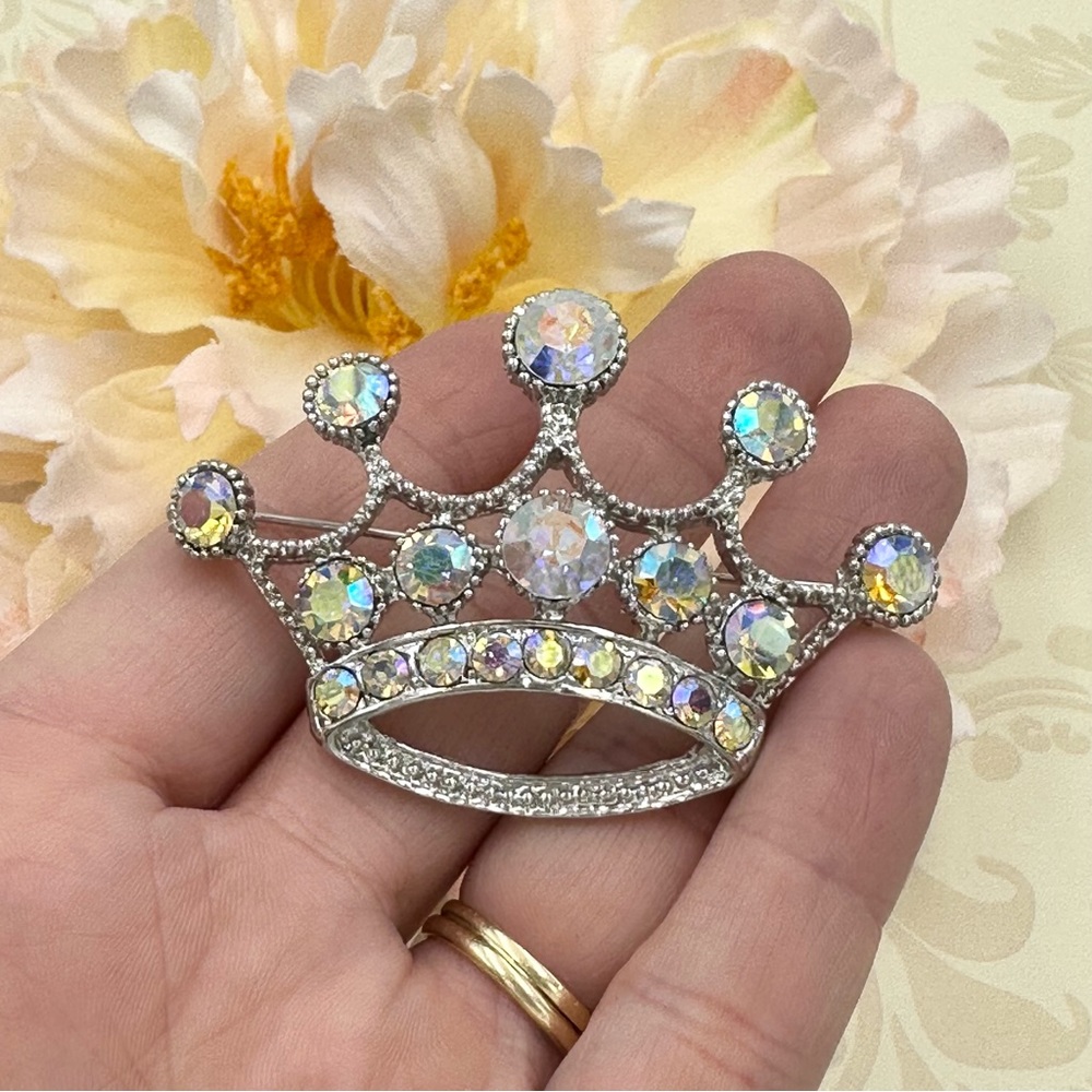 AB Iridescent Bling Rhinestone Crown Pendant Pin Brooch - Picture 2 of 4